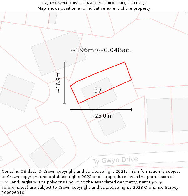 37, TY GWYN DRIVE, BRACKLA, BRIDGEND, CF31 2QF: Plot and title map