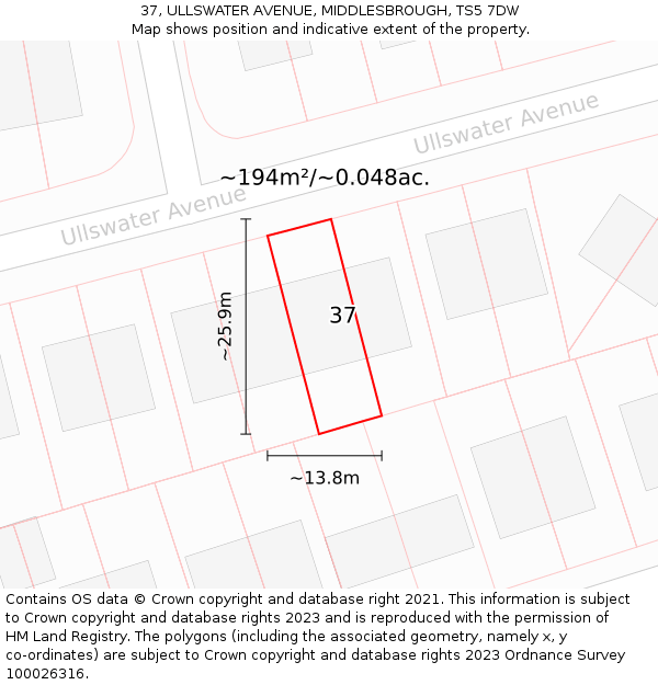 37, ULLSWATER AVENUE, MIDDLESBROUGH, TS5 7DW: Plot and title map