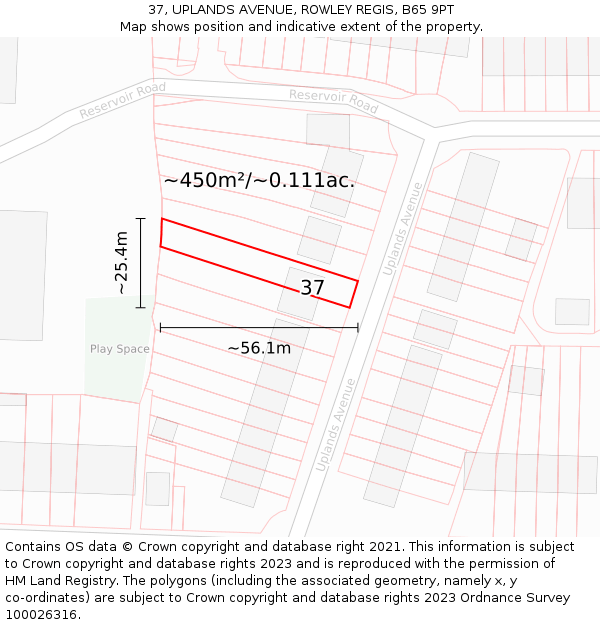 37, UPLANDS AVENUE, ROWLEY REGIS, B65 9PT: Plot and title map