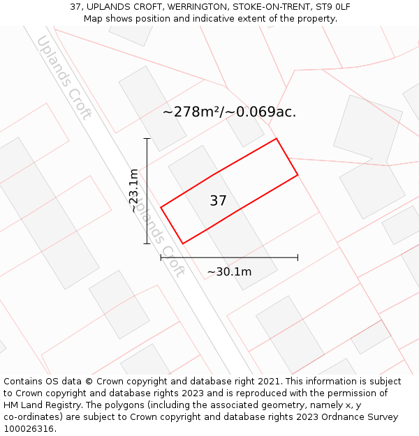 37, UPLANDS CROFT, WERRINGTON, STOKE-ON-TRENT, ST9 0LF: Plot and title map
