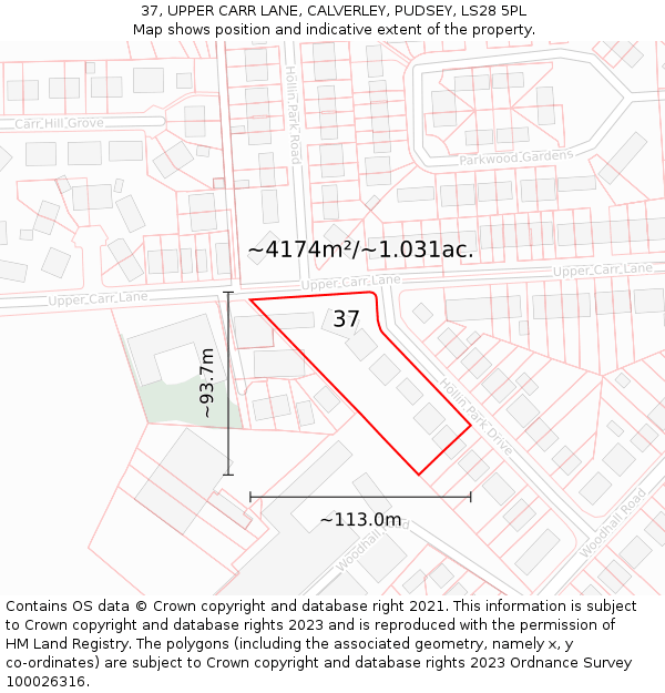 37, UPPER CARR LANE, CALVERLEY, PUDSEY, LS28 5PL: Plot and title map