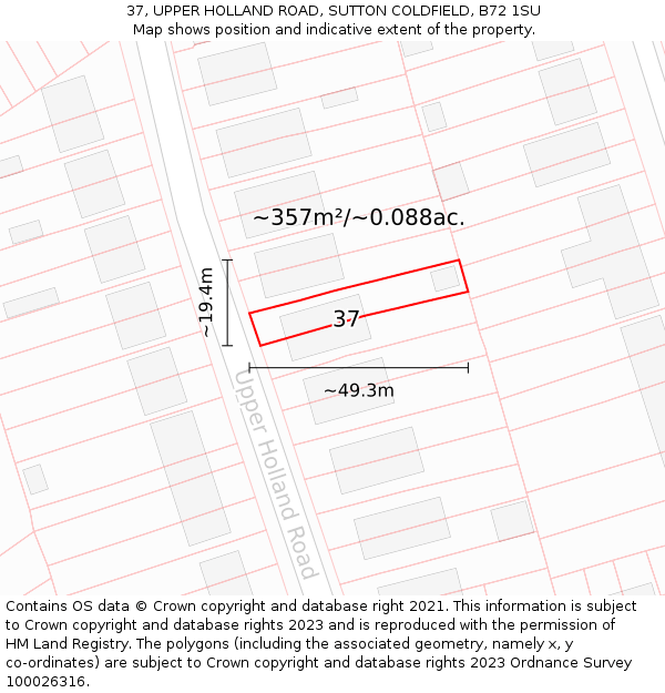 37, UPPER HOLLAND ROAD, SUTTON COLDFIELD, B72 1SU: Plot and title map