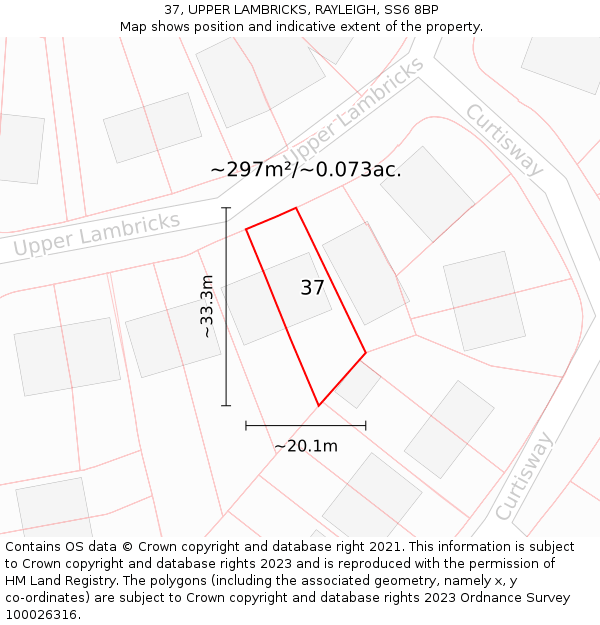 37, UPPER LAMBRICKS, RAYLEIGH, SS6 8BP: Plot and title map