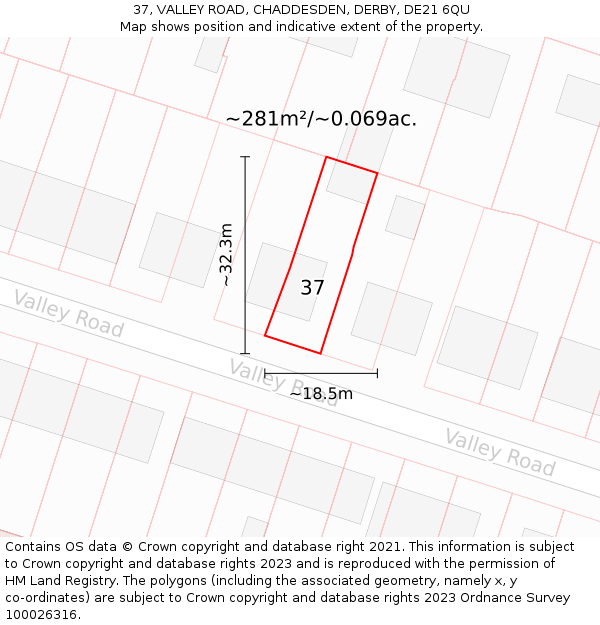 37, VALLEY ROAD, CHADDESDEN, DERBY, DE21 6QU: Plot and title map