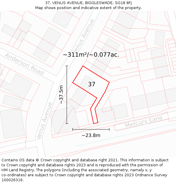 37, VENUS AVENUE, BIGGLESWADE, SG18 8FJ: Plot and title map