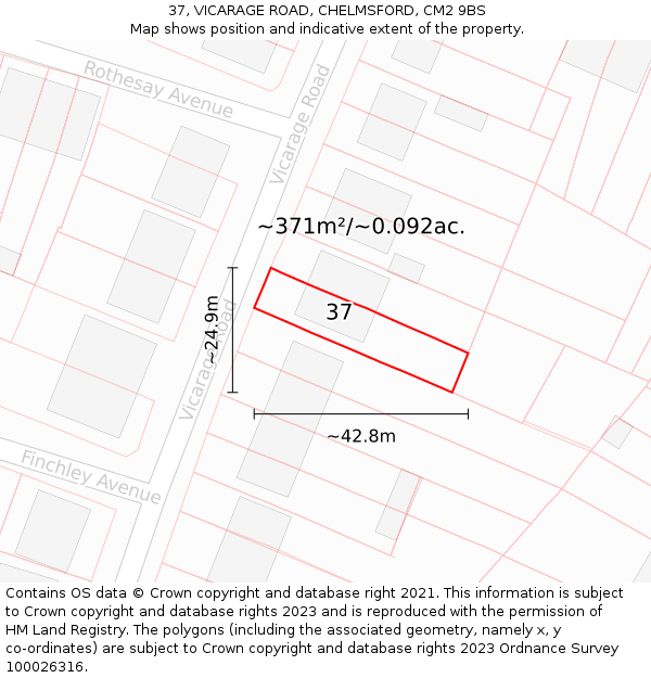 37, VICARAGE ROAD, CHELMSFORD, CM2 9BS: Plot and title map