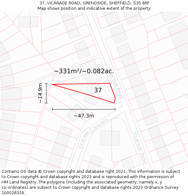 37, VICARAGE ROAD, GRENOSIDE, SHEFFIELD, S35 8RF: Plot and title map