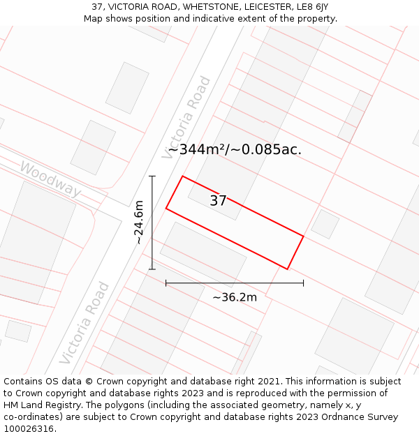 37, VICTORIA ROAD, WHETSTONE, LEICESTER, LE8 6JY: Plot and title map