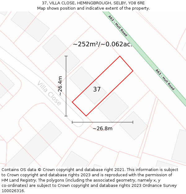 37, VILLA CLOSE, HEMINGBROUGH, SELBY, YO8 6RE: Plot and title map