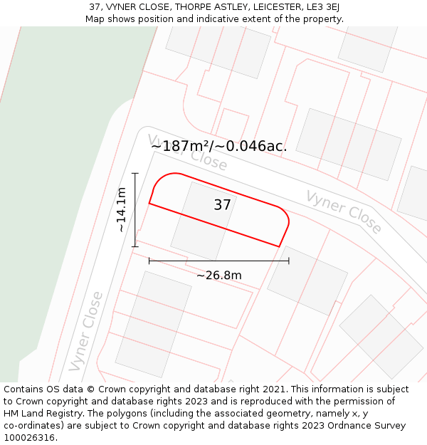 37, VYNER CLOSE, THORPE ASTLEY, LEICESTER, LE3 3EJ: Plot and title map