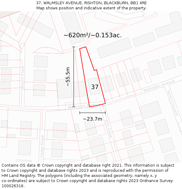 37, WALMSLEY AVENUE, RISHTON, BLACKBURN, BB1 4RE: Plot and title map
