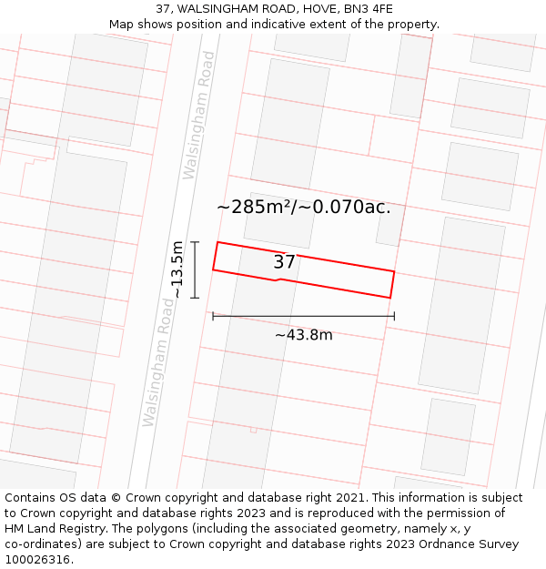 37, WALSINGHAM ROAD, HOVE, BN3 4FE: Plot and title map