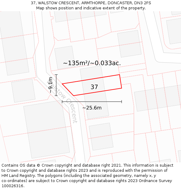 37, WALSTOW CRESCENT, ARMTHORPE, DONCASTER, DN3 2FS: Plot and title map