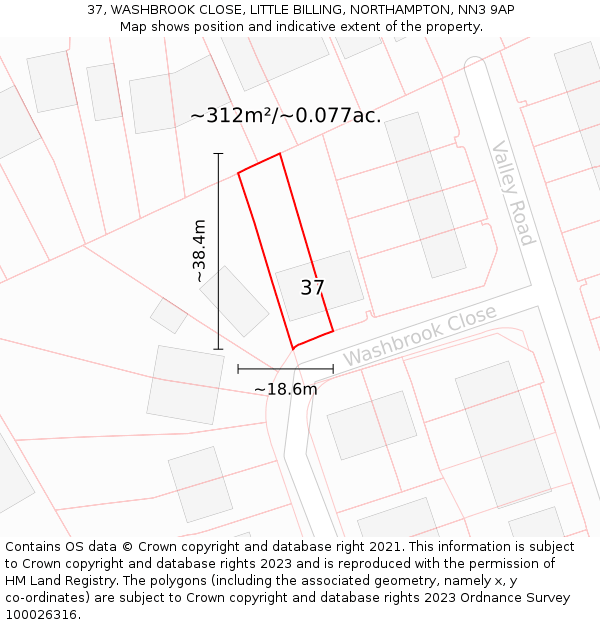 37, WASHBROOK CLOSE, LITTLE BILLING, NORTHAMPTON, NN3 9AP: Plot and title map