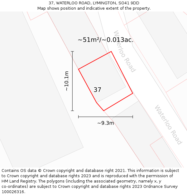 37, WATERLOO ROAD, LYMINGTON, SO41 9DD: Plot and title map