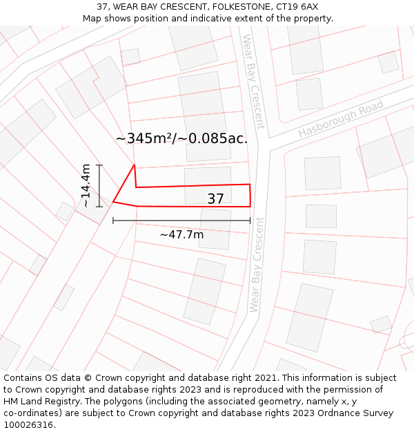37, WEAR BAY CRESCENT, FOLKESTONE, CT19 6AX: Plot and title map