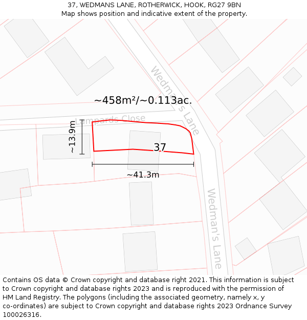 37, WEDMANS LANE, ROTHERWICK, HOOK, RG27 9BN: Plot and title map