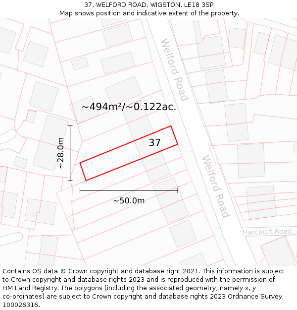 37, WELFORD ROAD, WIGSTON, LE18 3SP: Plot and title map