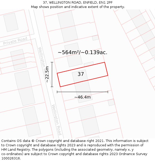 37, WELLINGTON ROAD, ENFIELD, EN1 2PF: Plot and title map