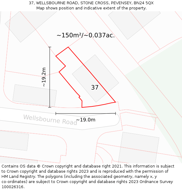 37, WELLSBOURNE ROAD, STONE CROSS, PEVENSEY, BN24 5QX: Plot and title map