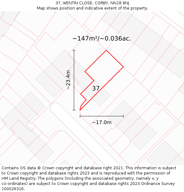 37, WENTIN CLOSE, CORBY, NN18 8NJ: Plot and title map