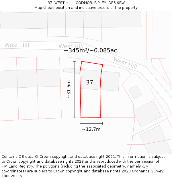 37, WEST HILL, CODNOR, RIPLEY, DE5 9RW: Plot and title map