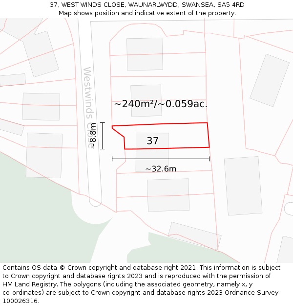 37, WEST WINDS CLOSE, WAUNARLWYDD, SWANSEA, SA5 4RD: Plot and title map
