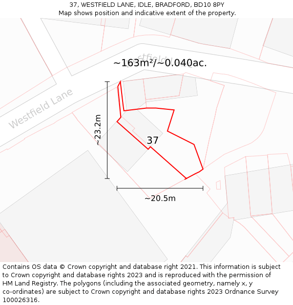 37, WESTFIELD LANE, IDLE, BRADFORD, BD10 8PY: Plot and title map