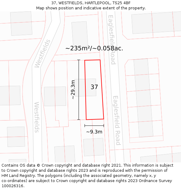 37, WESTFIELDS, HARTLEPOOL, TS25 4BF: Plot and title map