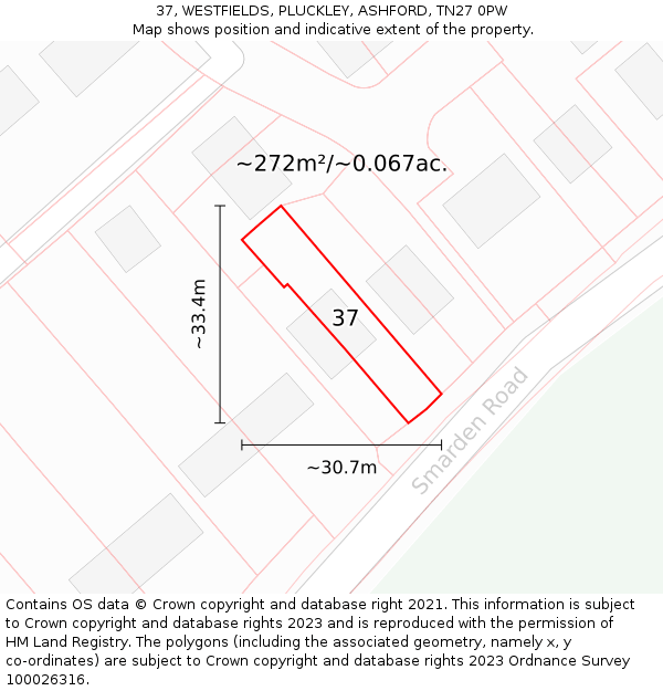 37, WESTFIELDS, PLUCKLEY, ASHFORD, TN27 0PW: Plot and title map