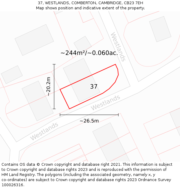 37, WESTLANDS, COMBERTON, CAMBRIDGE, CB23 7EH: Plot and title map