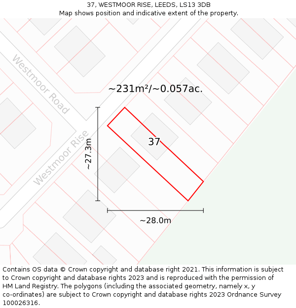 37, WESTMOOR RISE, LEEDS, LS13 3DB: Plot and title map