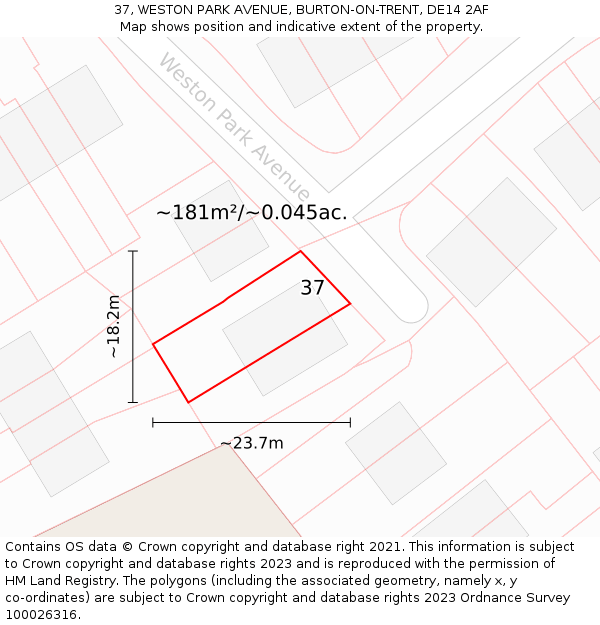37, WESTON PARK AVENUE, BURTON-ON-TRENT, DE14 2AF: Plot and title map