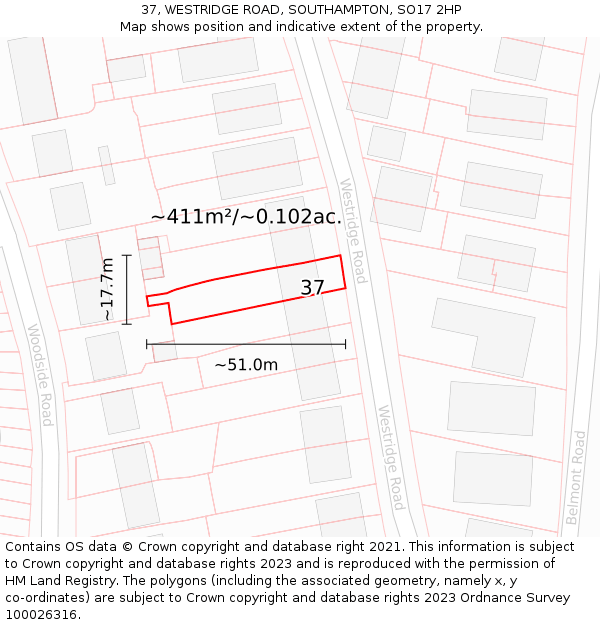37, WESTRIDGE ROAD, SOUTHAMPTON, SO17 2HP: Plot and title map