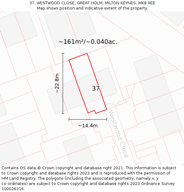 37, WESTWOOD CLOSE, GREAT HOLM, MILTON KEYNES, MK8 9EE: Plot and title map