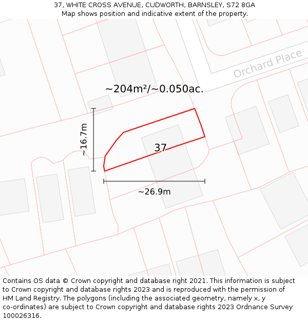37, WHITE CROSS AVENUE, CUDWORTH, BARNSLEY, S72 8GA: Plot and title map