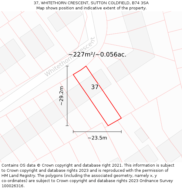 37, WHITETHORN CRESCENT, SUTTON COLDFIELD, B74 3SA: Plot and title map