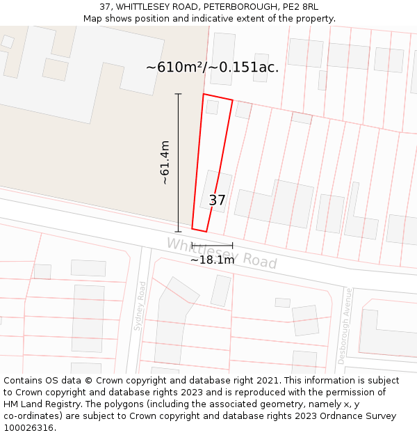 37, WHITTLESEY ROAD, PETERBOROUGH, PE2 8RL: Plot and title map