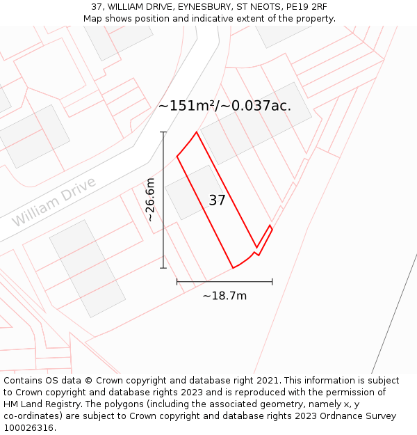 37, WILLIAM DRIVE, EYNESBURY, ST NEOTS, PE19 2RF: Plot and title map
