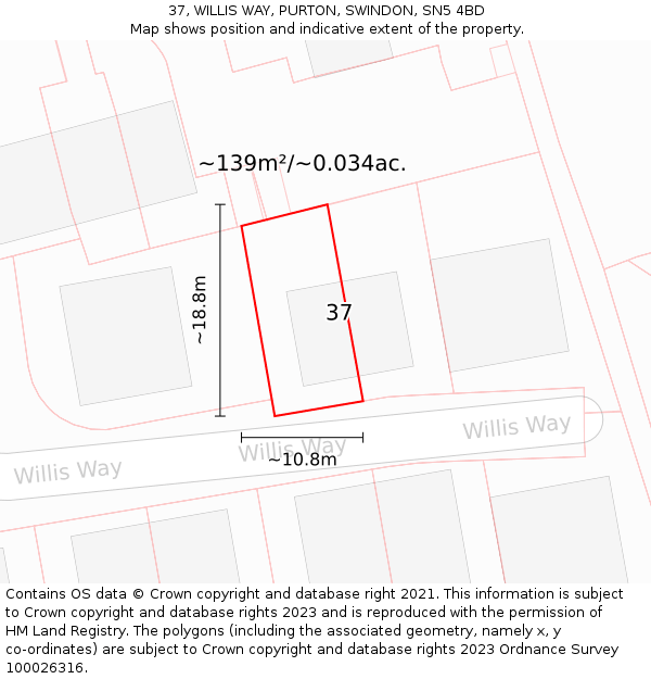 37, WILLIS WAY, PURTON, SWINDON, SN5 4BD: Plot and title map