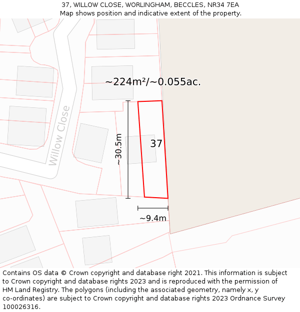 37, WILLOW CLOSE, WORLINGHAM, BECCLES, NR34 7EA: Plot and title map