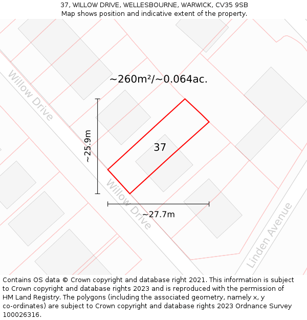 37, WILLOW DRIVE, WELLESBOURNE, WARWICK, CV35 9SB: Plot and title map