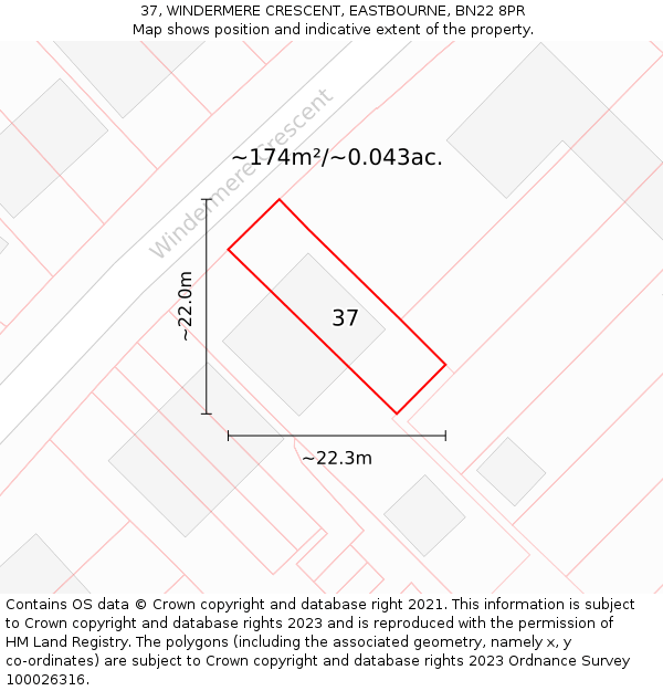 37, WINDERMERE CRESCENT, EASTBOURNE, BN22 8PR: Plot and title map