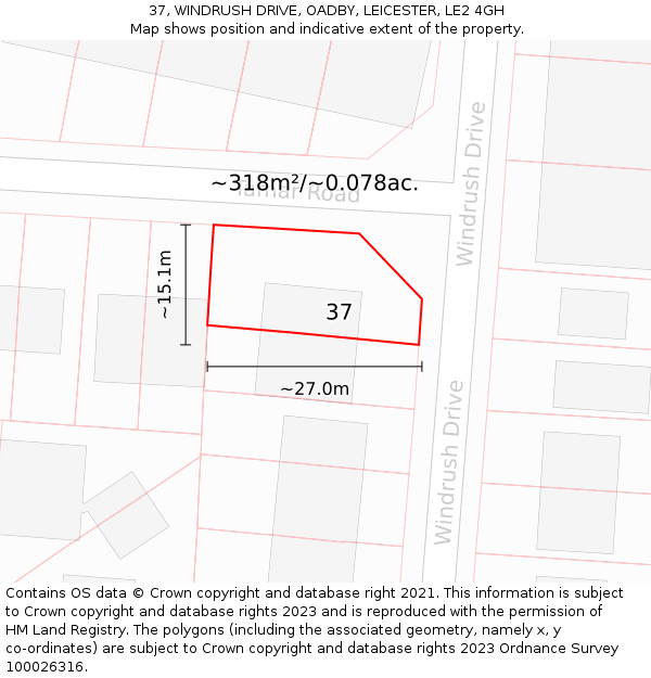 37, WINDRUSH DRIVE, OADBY, LEICESTER, LE2 4GH: Plot and title map
