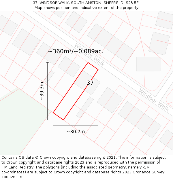 37, WINDSOR WALK, SOUTH ANSTON, SHEFFIELD, S25 5EL: Plot and title map