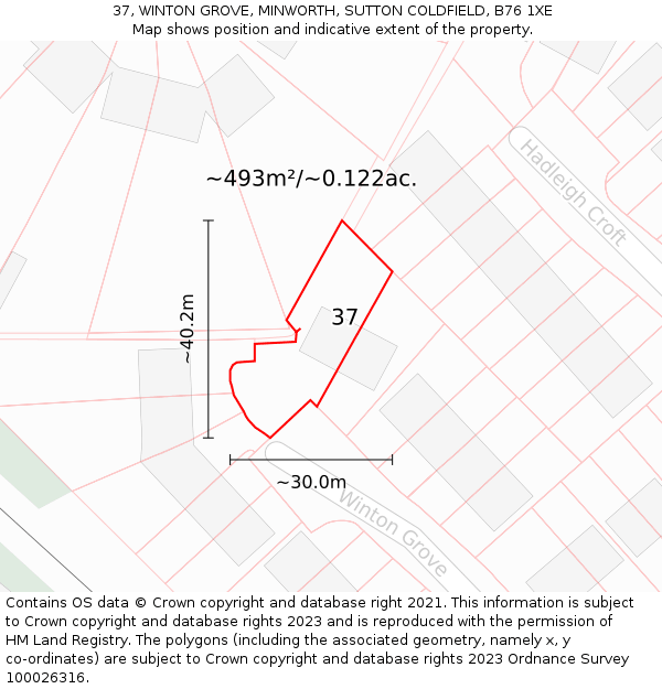 37, WINTON GROVE, MINWORTH, SUTTON COLDFIELD, B76 1XE: Plot and title map