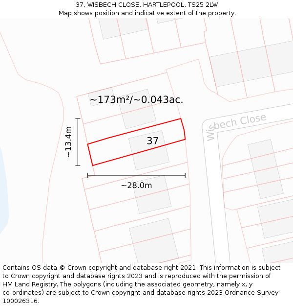 37, WISBECH CLOSE, HARTLEPOOL, TS25 2LW: Plot and title map