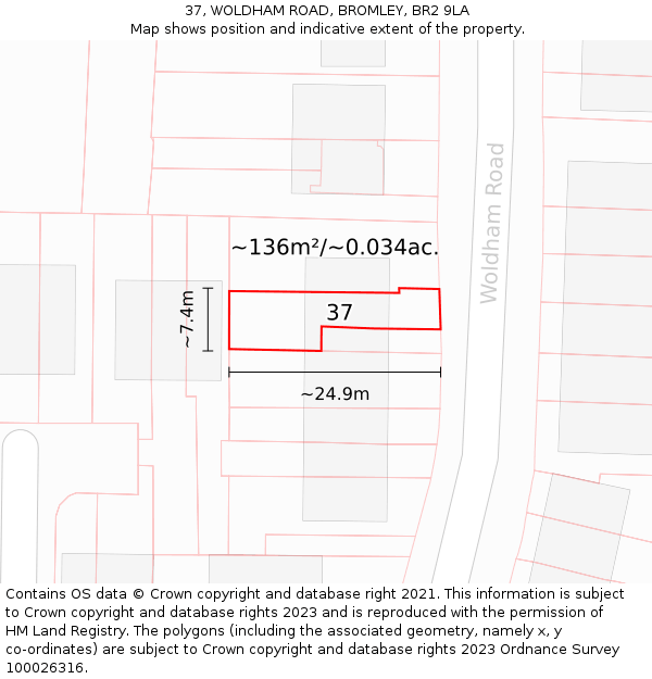 37, WOLDHAM ROAD, BROMLEY, BR2 9LA: Plot and title map