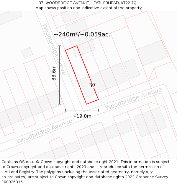 37, WOODBRIDGE AVENUE, LEATHERHEAD, KT22 7QL: Plot and title map