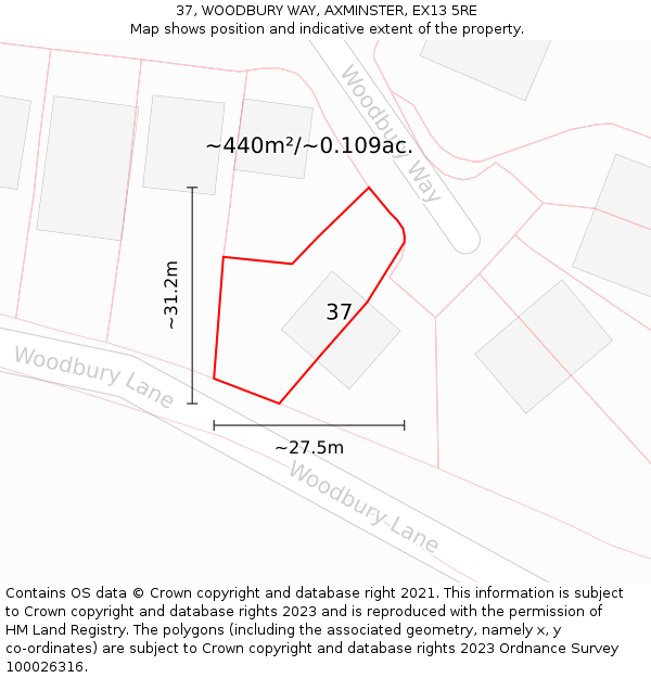 37, WOODBURY WAY, AXMINSTER, EX13 5RE: Plot and title map